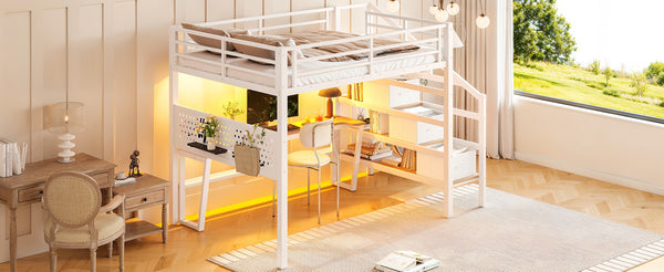 English Elm Full Size Steel Loft Bed with Staircase Drawers Pegboard Desk and Led Lighting Antique White W5305S00128