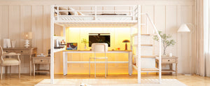 English Elm Full Size Steel Loft Bed with Staircase Drawers Pegboard Desk and Led Lighting Antique White W5305S00128