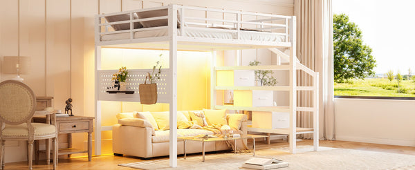 English Elm Full Size Steel Loft Bed with Staircase Drawers Pegboard Desk and Led Lighting Antique White W5305S00128