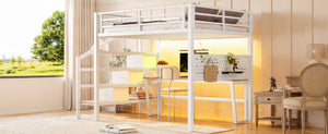 English Elm Full Size Steel Loft Bed with Staircase Drawers Pegboard Desk and Led Lighting Antique White W5305S00128