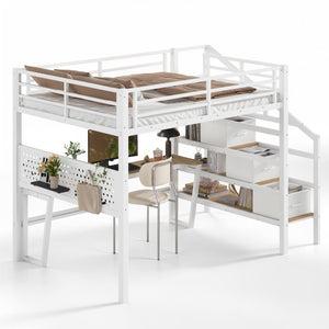 English Elm Full Size Steel Loft Bed with Staircase Drawers Pegboard Desk and Led Lighting Antique White W5305S00128