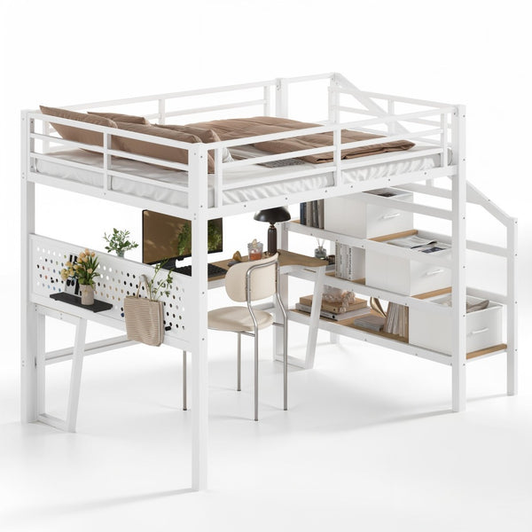 English Elm Full Size Steel Loft Bed with Staircase Drawers Pegboard Desk and Led Lighting Antique White W5305S00128