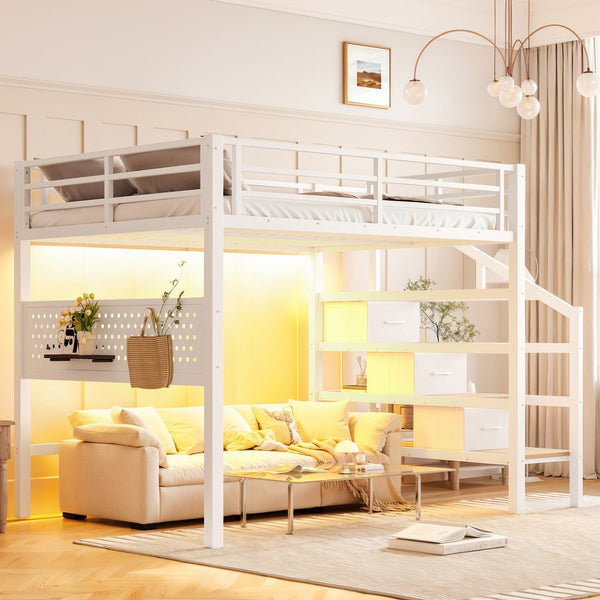English Elm Full Size Steel Loft Bed with Staircase Drawers Pegboard Desk and Led Lighting Antique White W5305S00128