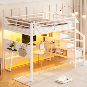 English Elm Full Size Steel Loft Bed with Staircase Drawers Pegboard Desk and Led Lighting Antique White W5305S00128