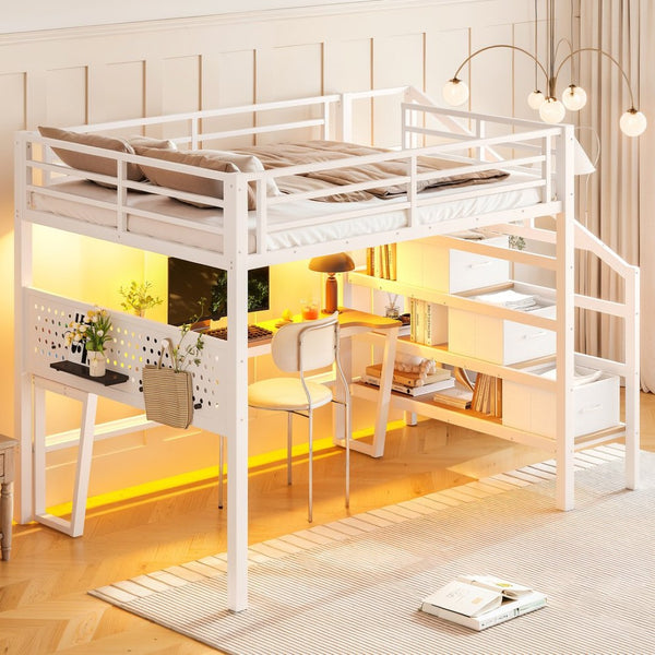 English Elm Full Size Steel Loft Bed with Staircase Drawers Pegboard Desk and Led Lighting Antique White W5305S00128
