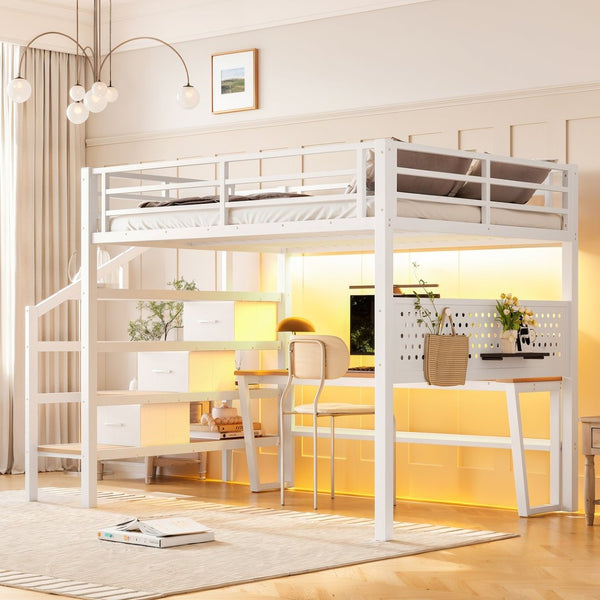 English Elm Full Size Steel Loft Bed with Staircase Drawers Pegboard Desk and Led Lighting Antique White W5305S00128