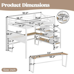 English Elm Full Size Steel Loft Bed with Staircase Drawers Pegboard Desk and Led Lighting Antique White W5305S00128