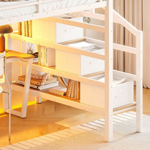 English Elm Full Size Steel Loft Bed with Staircase Drawers Pegboard Desk and Led Lighting Antique White W5305S00128