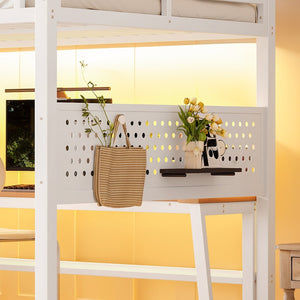 English Elm Full Size Steel Loft Bed with Staircase Drawers Pegboard Desk and Led Lighting Antique White W5305S00128