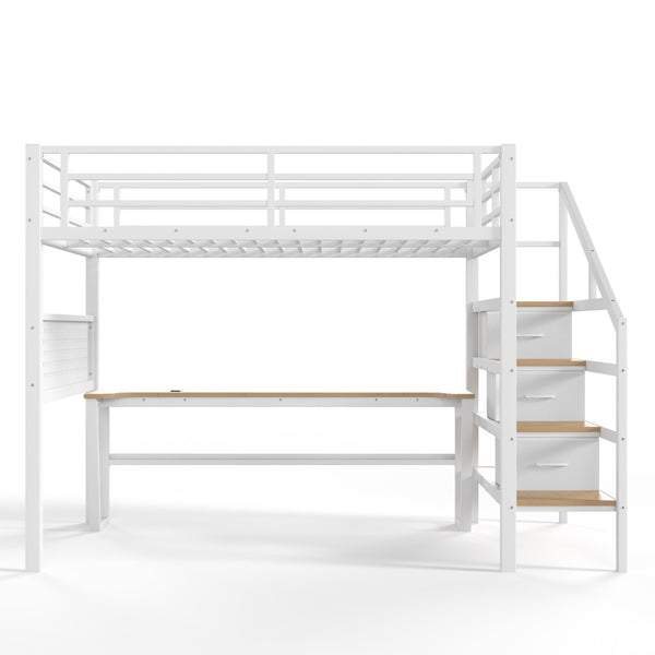 English Elm Full Size Steel Loft Bed with Staircase Drawers Pegboard Desk and Led Lighting Antique White W5305S00128