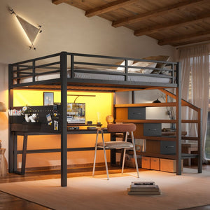 English Elm Queen Metal Loft Bed with Staircase Storage Drawers Movable Desk and Pegboard Black W5305S00129