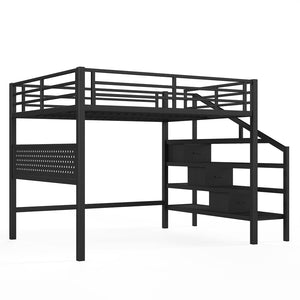 English Elm Queen Metal Loft Bed with Staircase Storage Drawers Movable Desk and Pegboard Black W5305S00129