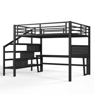 English Elm Queen Metal Loft Bed with Staircase Storage Drawers Movable Desk and Pegboard Black W5305S00129