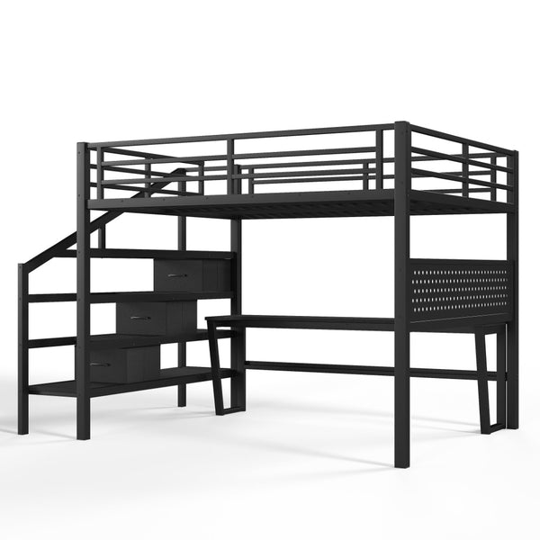 English Elm Queen Metal Loft Bed with Staircase Storage Drawers Movable Desk and Pegboard Black W5305S00129