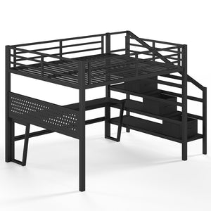 English Elm Queen Metal Loft Bed with Staircase Storage Drawers Movable Desk and Pegboard Black W5305S00129
