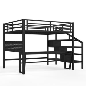 English Elm Queen Metal Loft Bed with Staircase Storage Drawers Movable Desk and Pegboard Black W5305S00129