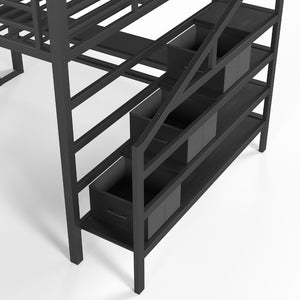 English Elm Queen Metal Loft Bed with Staircase Storage Drawers Movable Desk and Pegboard Black W5305S00129