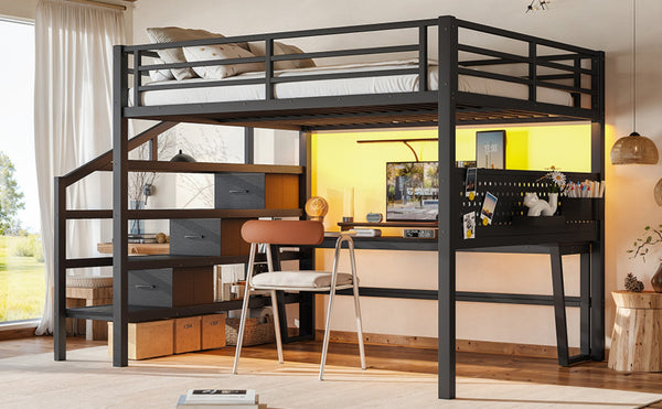 English Elm Queen Metal Loft Bed with Staircase Storage Drawers Movable Desk and Pegboard Black W5305S00129