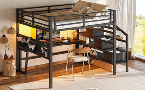 English Elm Queen Metal Loft Bed with Staircase Storage Drawers Movable Desk and Pegboard Black W5305S00129