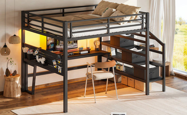 English Elm Queen Metal Loft Bed with Staircase Storage Drawers Movable Desk and Pegboard Black W5305S00129