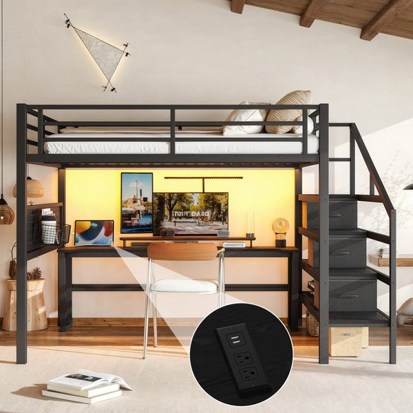 English Elm Queen Metal Loft Bed with Staircase Storage Drawers Movable Desk and Pegboard Black W5305S00129