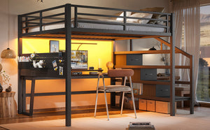English Elm Queen Metal Loft Bed with Staircase Storage Drawers Movable Desk and Pegboard Black W5305S00129