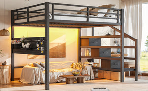 English Elm Queen Metal Loft Bed with Staircase Storage Drawers Movable Desk and Pegboard Black W5305S00129