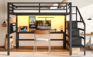English Elm Queen Metal Loft Bed with Staircase Storage Drawers Movable Desk and Pegboard Black W5305S00129