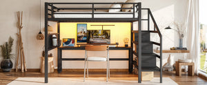 English Elm Queen Metal Loft Bed with Staircase Storage Drawers Movable Desk and Pegboard Black W5305S00129