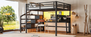 English Elm Queen Metal Loft Bed with Staircase Storage Drawers Movable Desk and Pegboard Black W5305S00129