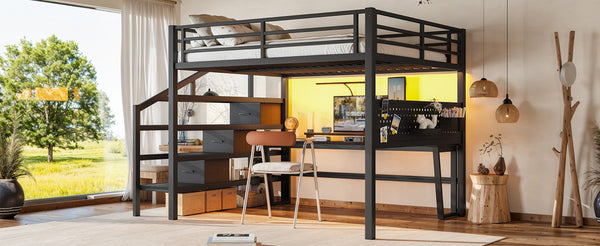 English Elm Queen Metal Loft Bed with Staircase Storage Drawers Movable Desk and Pegboard Black W5305S00129
