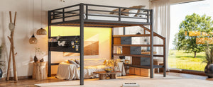 English Elm Queen Metal Loft Bed with Staircase Storage Drawers Movable Desk and Pegboard Black W5305S00129