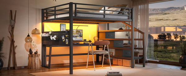 English Elm Queen Metal Loft Bed with Staircase Storage Drawers Movable Desk and Pegboard Black W5305S00129