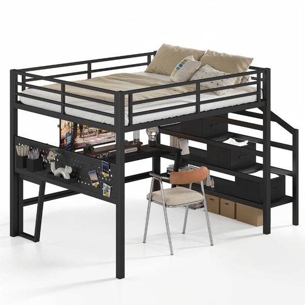English Elm Queen Metal Loft Bed with Staircase Storage Drawers Movable Desk and Pegboard Black W5305S00129