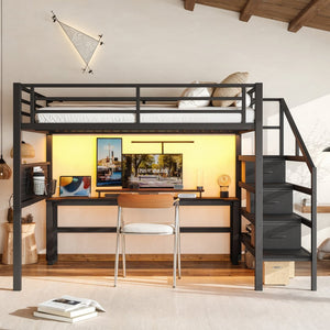 English Elm Queen Metal Loft Bed with Staircase Storage Drawers Movable Desk and Pegboard Black W5305S00129