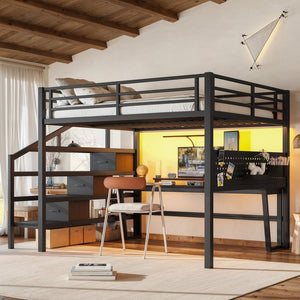 English Elm Queen Metal Loft Bed with Staircase Storage Drawers Movable Desk and Pegboard Black W5305S00129