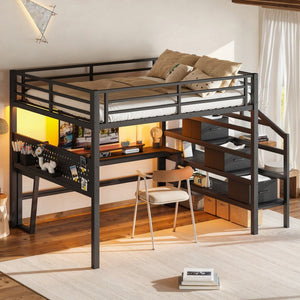English Elm Queen Metal Loft Bed with Staircase Storage Drawers Movable Desk and Pegboard Black W5305S00129
