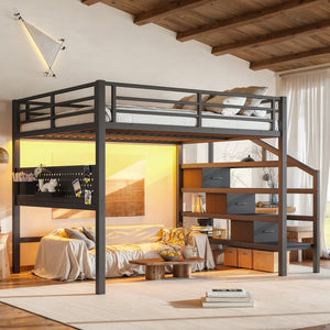 English Elm Queen Metal Loft Bed with Staircase Storage Drawers Movable Desk and Pegboard Black W5305S00129