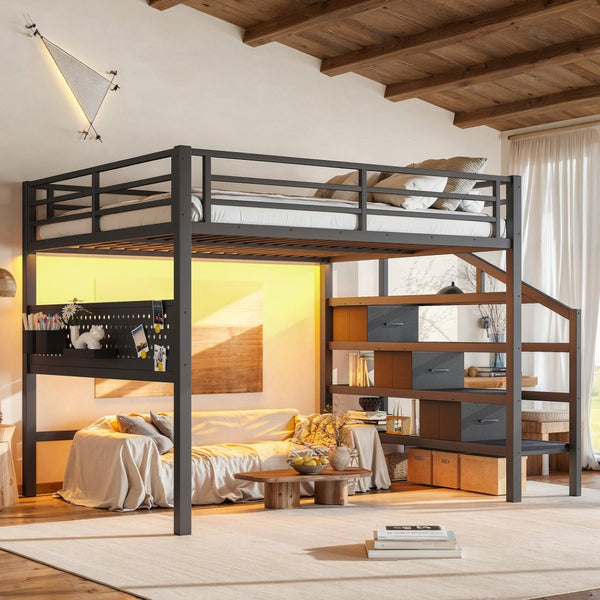 English Elm Queen Metal Loft Bed with Staircase Storage Drawers Movable Desk and Pegboard Black W5305S00129