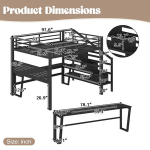 English Elm Queen Metal Loft Bed with Staircase Storage Drawers Movable Desk and Pegboard Black W5305S00129