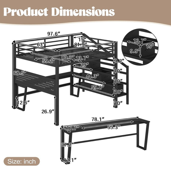 English Elm Queen Metal Loft Bed with Staircase Storage Drawers Movable Desk and Pegboard Black W5305S00129
