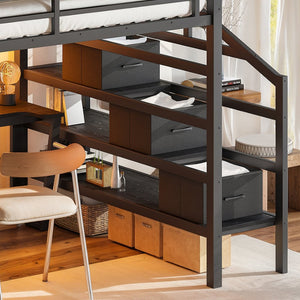 English Elm Queen Metal Loft Bed with Staircase Storage Drawers Movable Desk and Pegboard Black W5305S00129