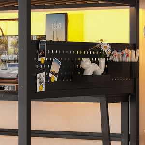 English Elm Queen Metal Loft Bed with Staircase Storage Drawers Movable Desk and Pegboard Black W5305S00129