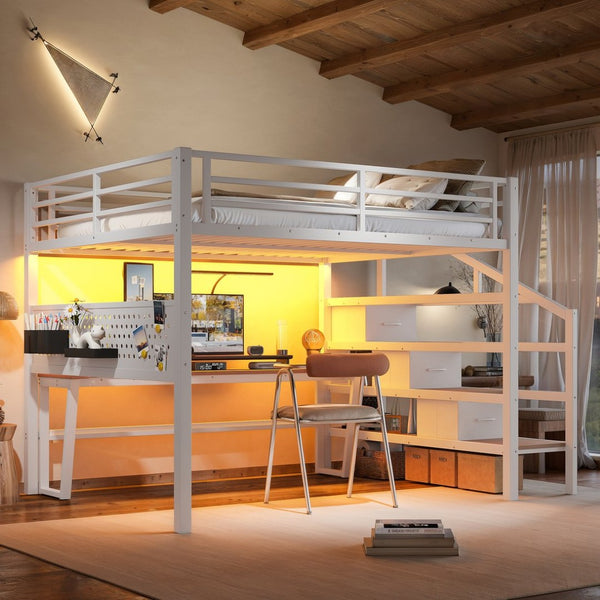 English Elm Queen Metal Loft Bed with Staircase Storage Drawers Movable Desk and Pegboard Antique White W5305S00130