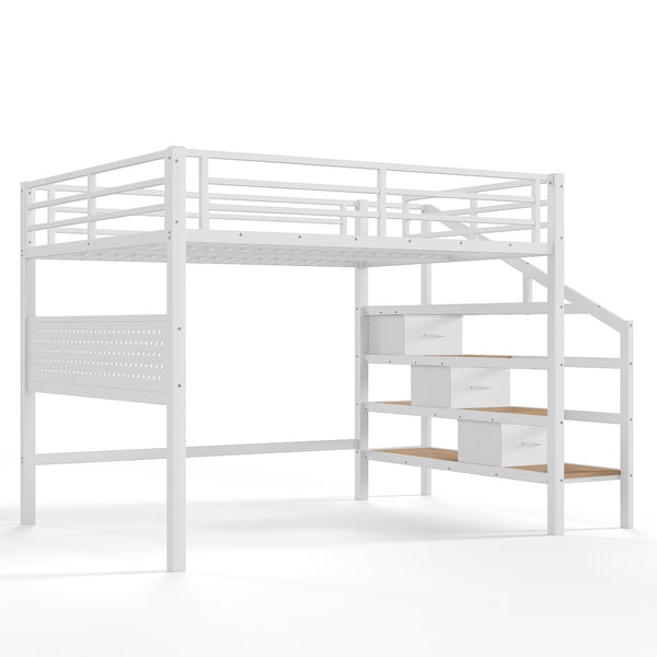 English Elm Queen Metal Loft Bed with Staircase Storage Drawers Movable Desk and Pegboard Antique White W5305S00130