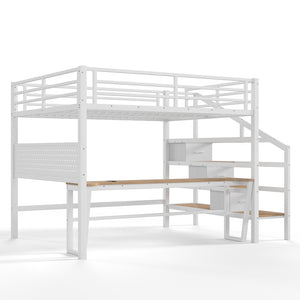 English Elm Queen Metal Loft Bed with Staircase Storage Drawers Movable Desk and Pegboard Antique White W5305S00130