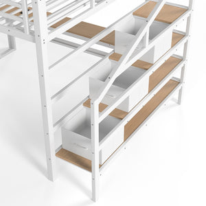 English Elm Queen Metal Loft Bed with Staircase Storage Drawers Movable Desk and Pegboard Antique White W5305S00130