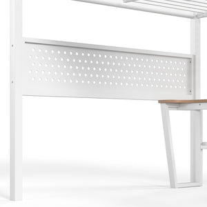 English Elm Queen Metal Loft Bed with Staircase Storage Drawers Movable Desk and Pegboard Antique White W5305S00130