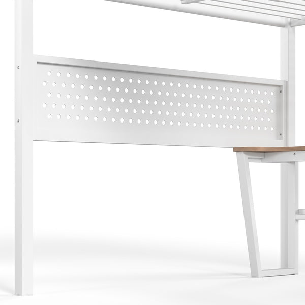 English Elm Queen Metal Loft Bed with Staircase Storage Drawers Movable Desk and Pegboard Antique White W5305S00130