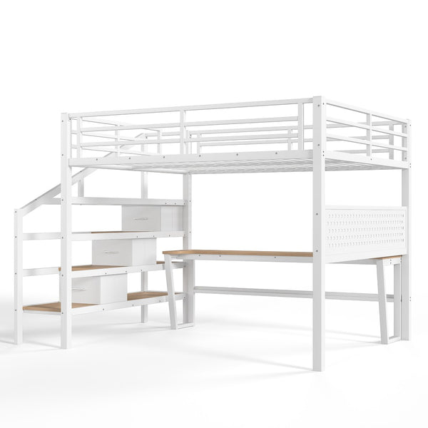English Elm Queen Metal Loft Bed with Staircase Storage Drawers Movable Desk and Pegboard Antique White W5305S00130